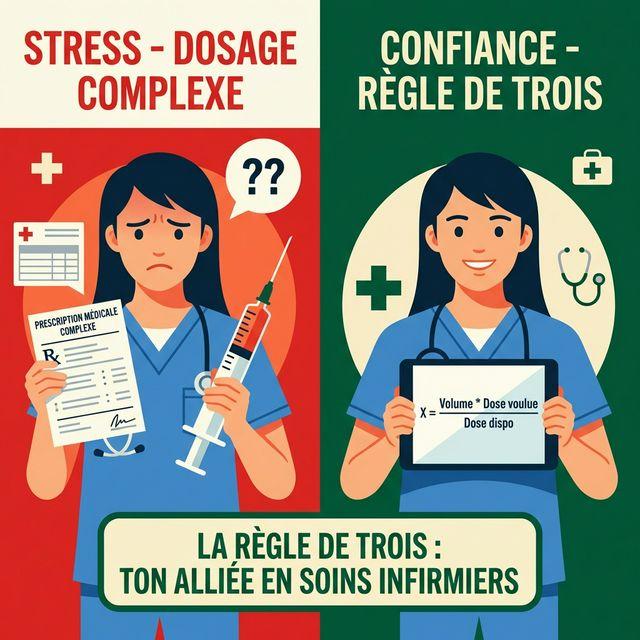 Contraste : Étudiant stressé devant une prescription vs Confiance grâce à la règle de trois