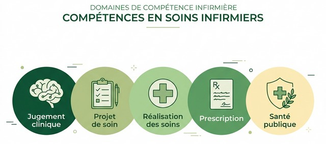 Infographie des 5 domaines de compétences infirmières 2026 : jugement clinique, projet de soin, réalisation des soins, prescription, santé publique
