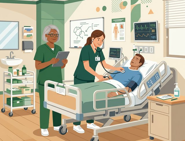 Étudiante en soins infirmiers s'exerçant en simulation en santé sous la supervision d'une tutrice