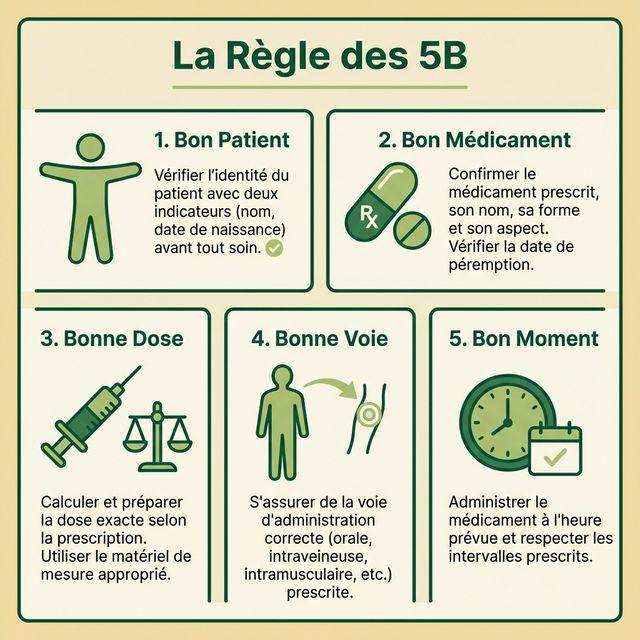 Infographie visuelle de la règle des 5B en soins infirmiers