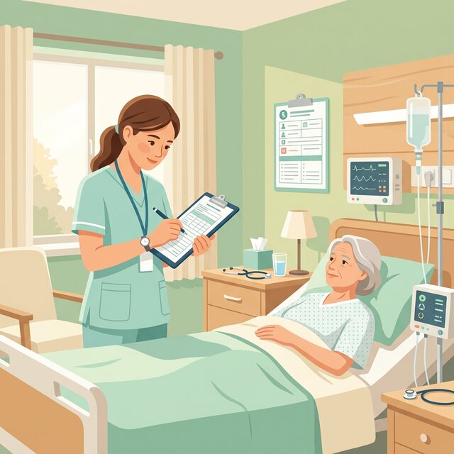 Étudiante infirmière prenant des notes de transmissions au chevet du patient