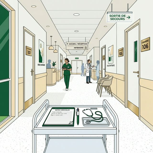 Illustration d'un couloir d'hôpital avec un stylo oublié sur un chariot de soins