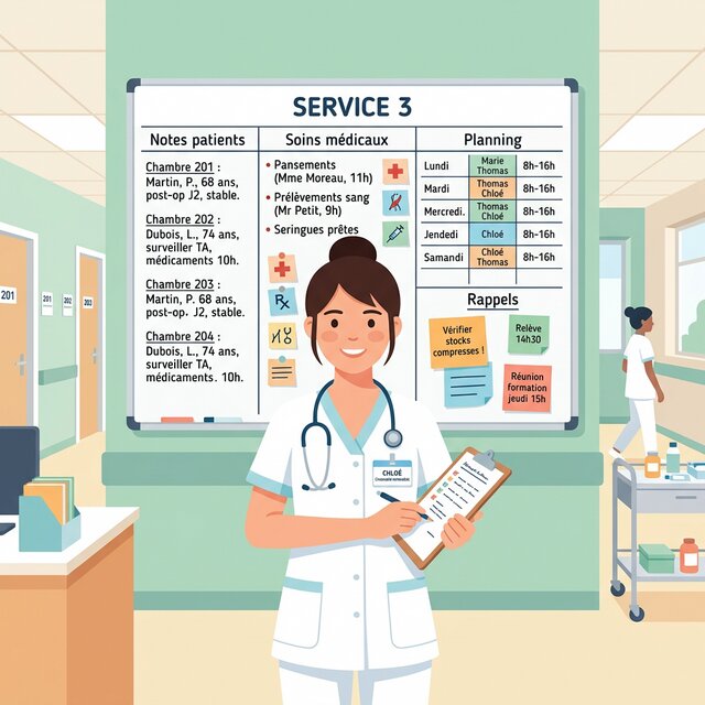 Étudiante infirmière devant un tableau de transmissions ciblées à l'hôpital