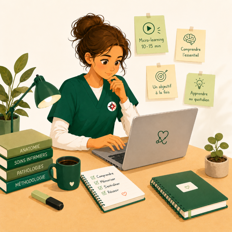 Étudiante en soins infirmiers travaillant sur un cours micro-learning Cap IDE